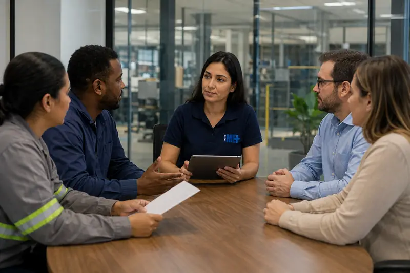 Equipe em reunião com especialista da FASEGMED analisando o ambiente de trabalho
