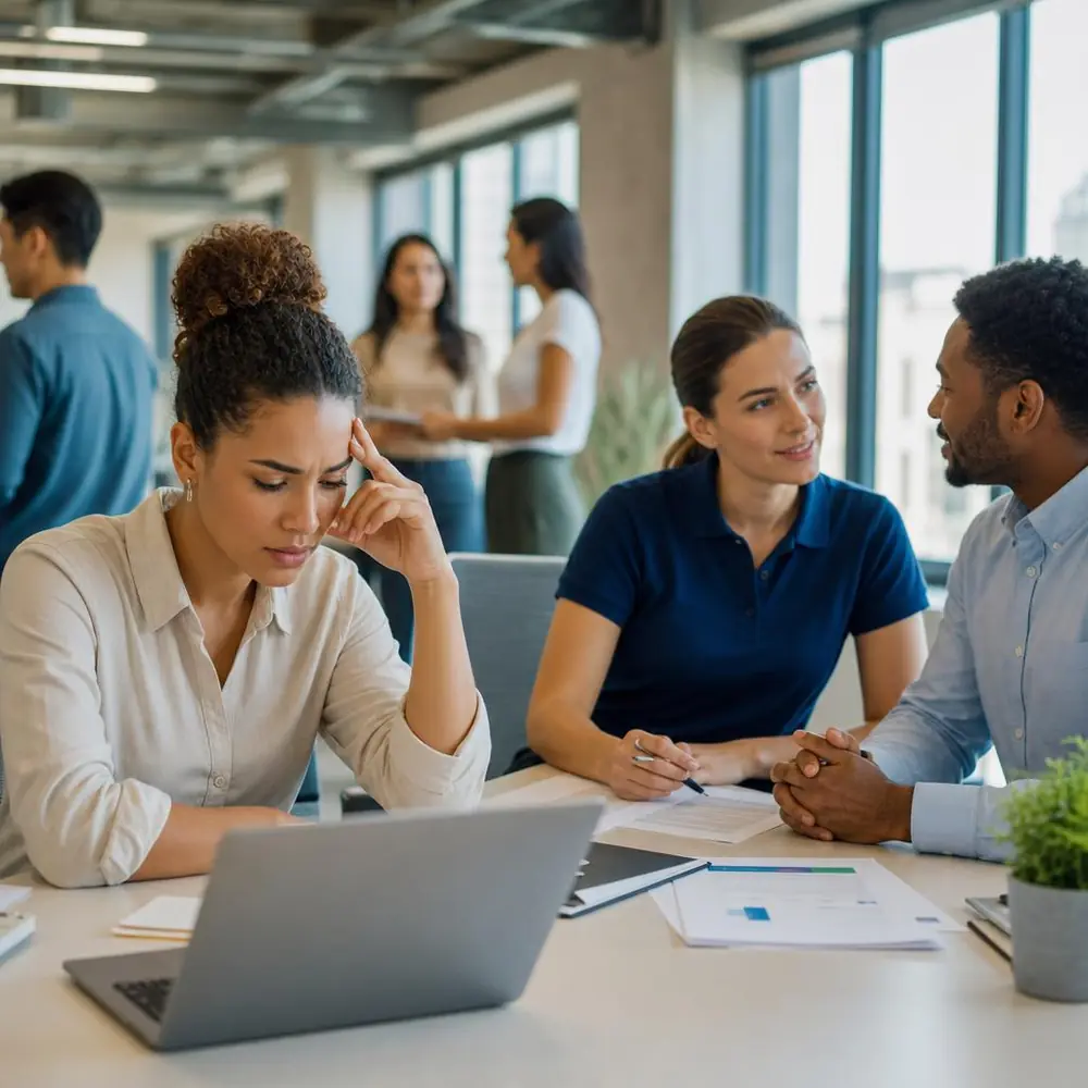 Colaboradora com sinais de estresse no trabalho enquanto profissional da FASEGMED conversa com a equipe